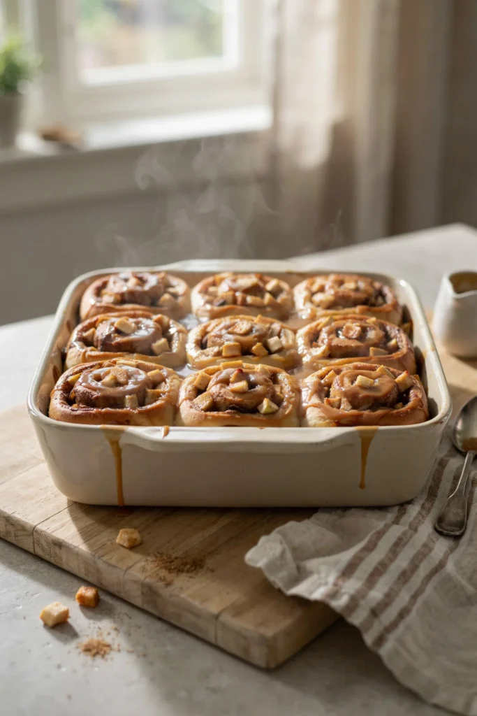 Pan of caramel apple cinnamon rolls topped with cream cheese caramel glaze
