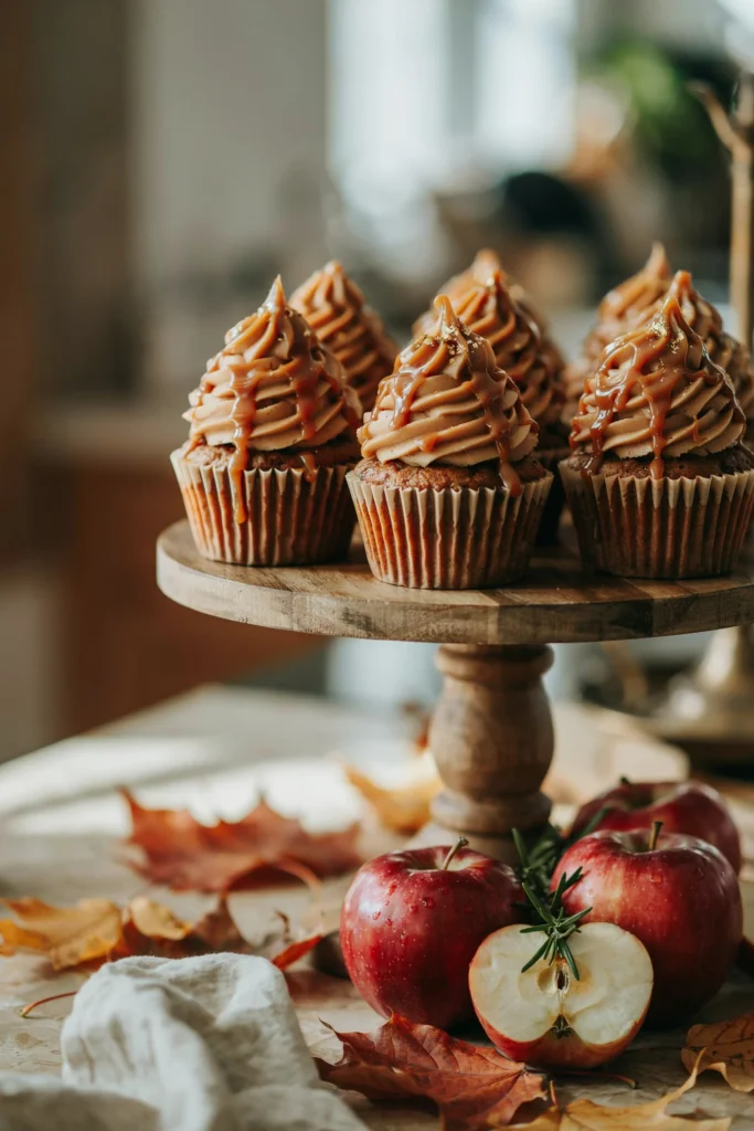 Caramel apple cupcake with piped caramel buttercream and a caramel drizzle