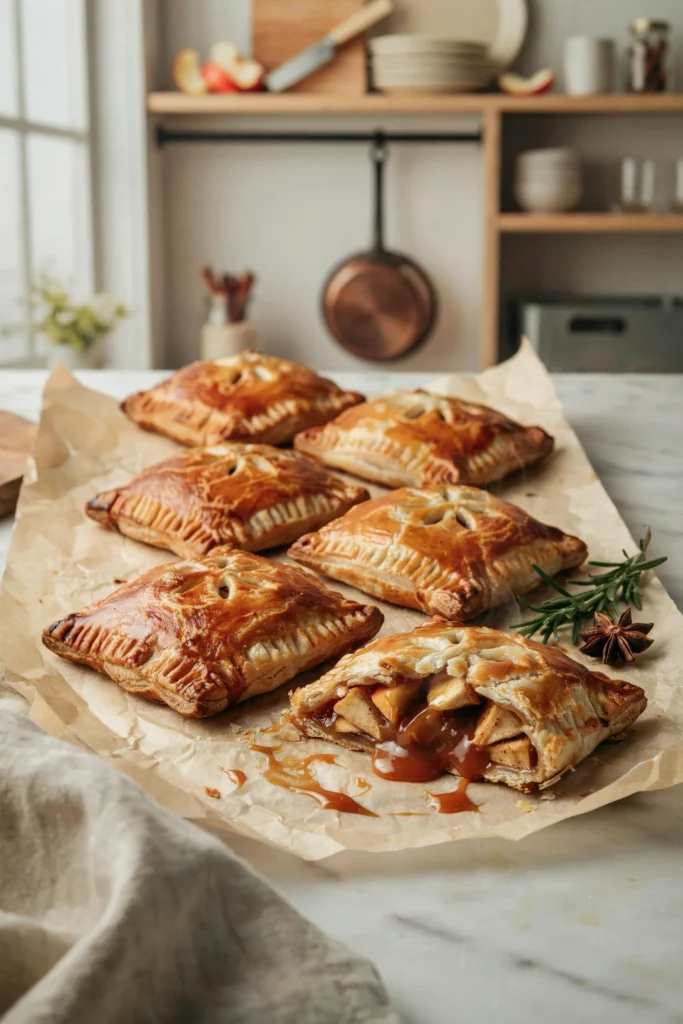 Row of golden caramel apple hand pies with one broken open showing the filling