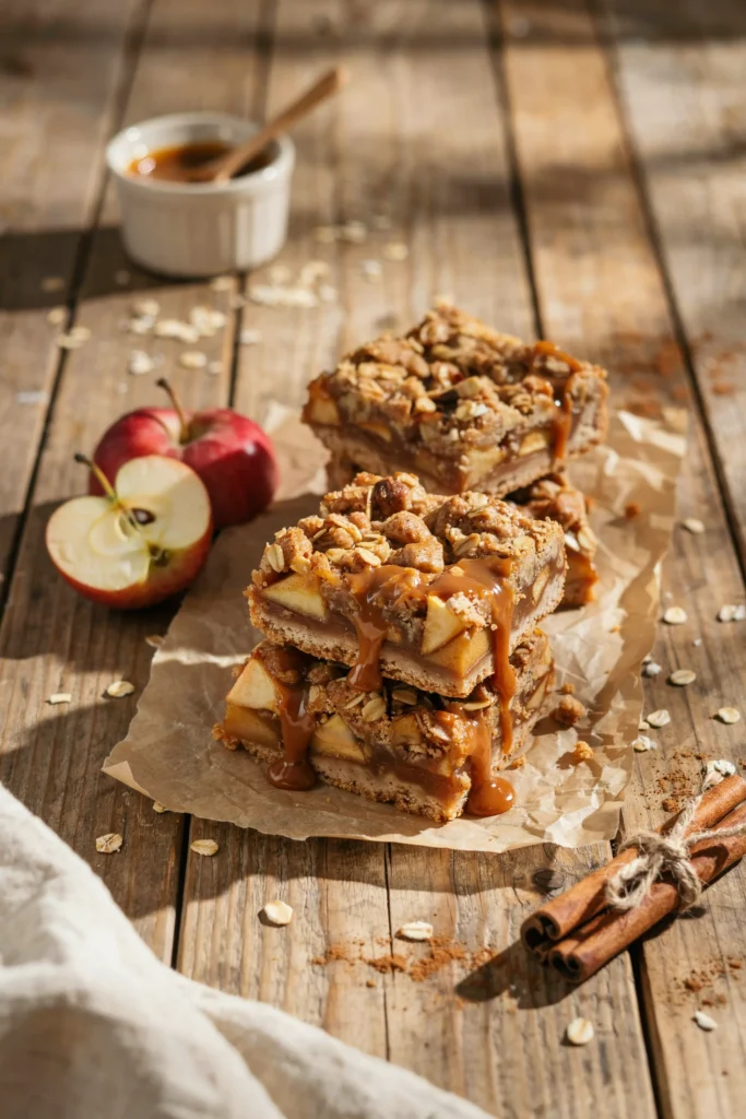 Tray of caramel apple pie bars with golden oat crumble topping