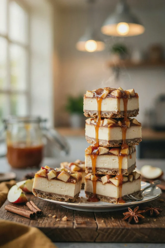 Caramel apple cheesecake bar with graham crust, creamy filling, and cinnamon apple topping