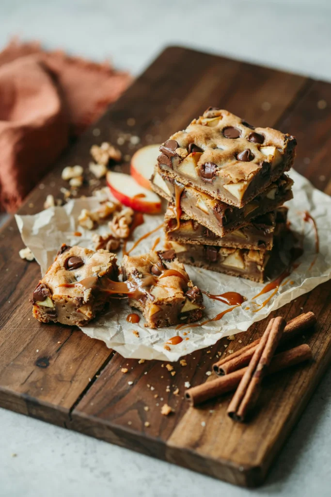 Stack of caramel apple blondies with melted chocolate chips and a soft dense interior