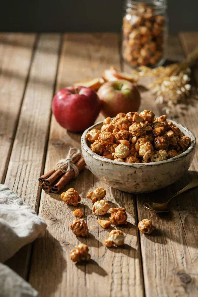 Bowl of glossy caramel apple popcorn with dried apple pieces