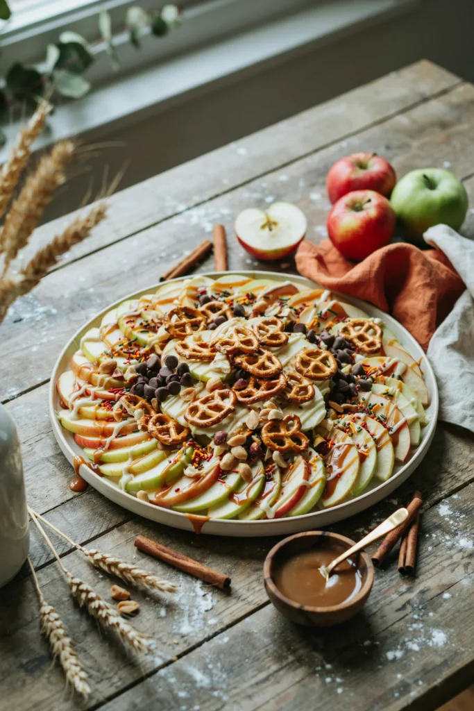Platter of caramel apple nachos with white chocolate drizzle, pretzels, and chocolate chips