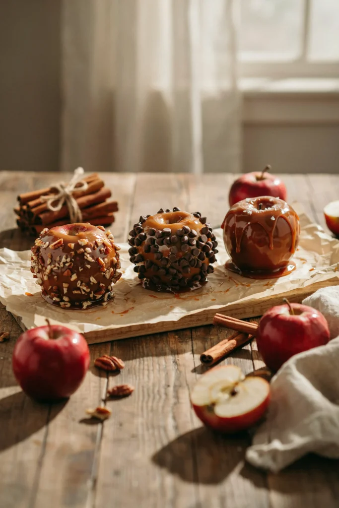 Three caramel dipped apples on sticks rolled in pecans, chocolate chips, and sea salt