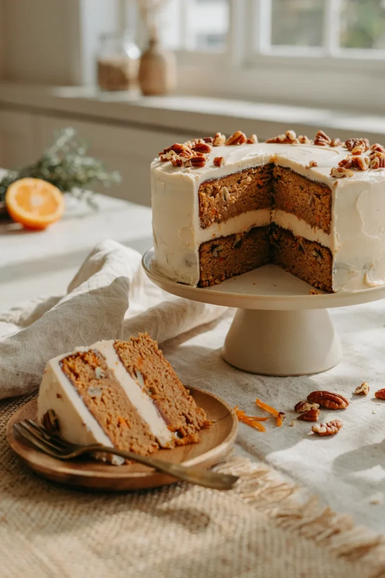 Overhead shot of a sliced carrot cake layer cake on a cake stand, cream cheese frosting swooped generously between layers, a few walnut halves and a light dusting of cinnamon on top, warm natural light