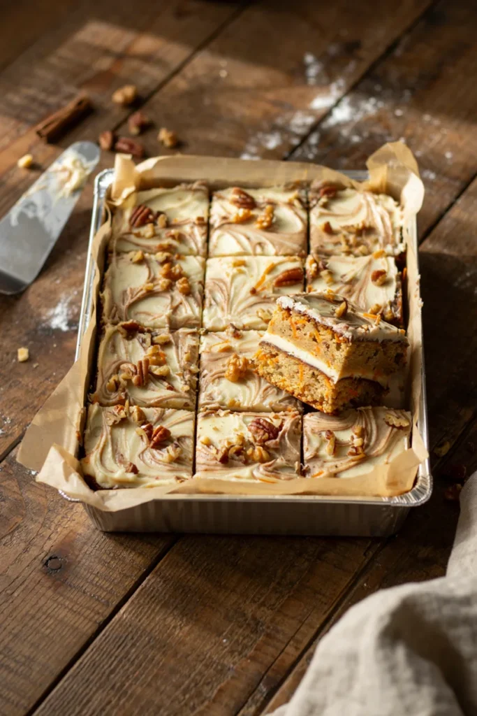 Carrot cake bars with marbled cream cheese swirl on top