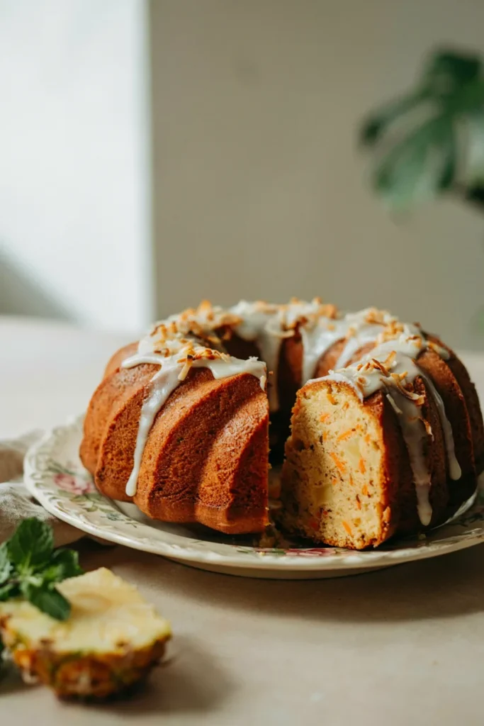 Pineapple coconut carrot cake bundt drizzled with cream cheese glaze
