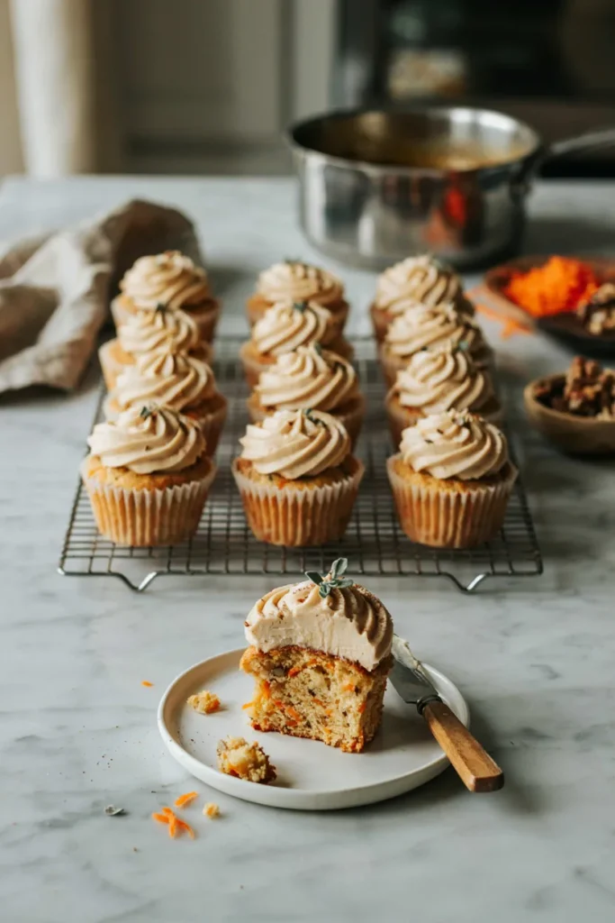 Carrot cake cupcakes topped with brown butter cream cheese frosting