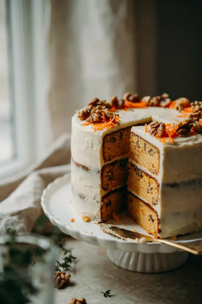 Sliced three-layer classic carrot cake with cream cheese frosting