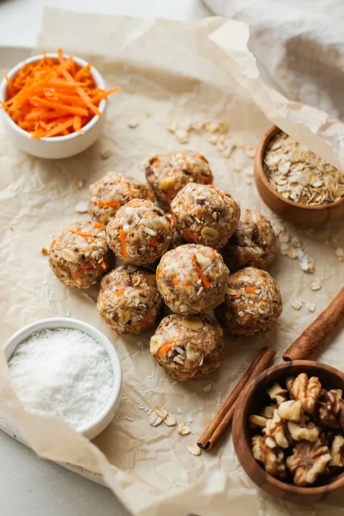 No-bake carrot cake energy bites rolled in coconut