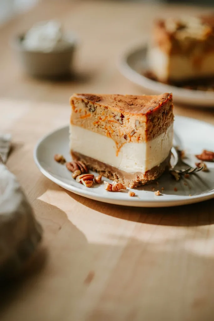 Slice of carrot cake cheesecake showing marbled layers