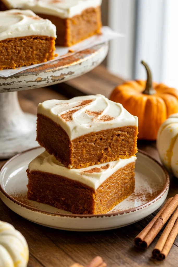 Pumpkin bars with cream cheese frosting cut into squares