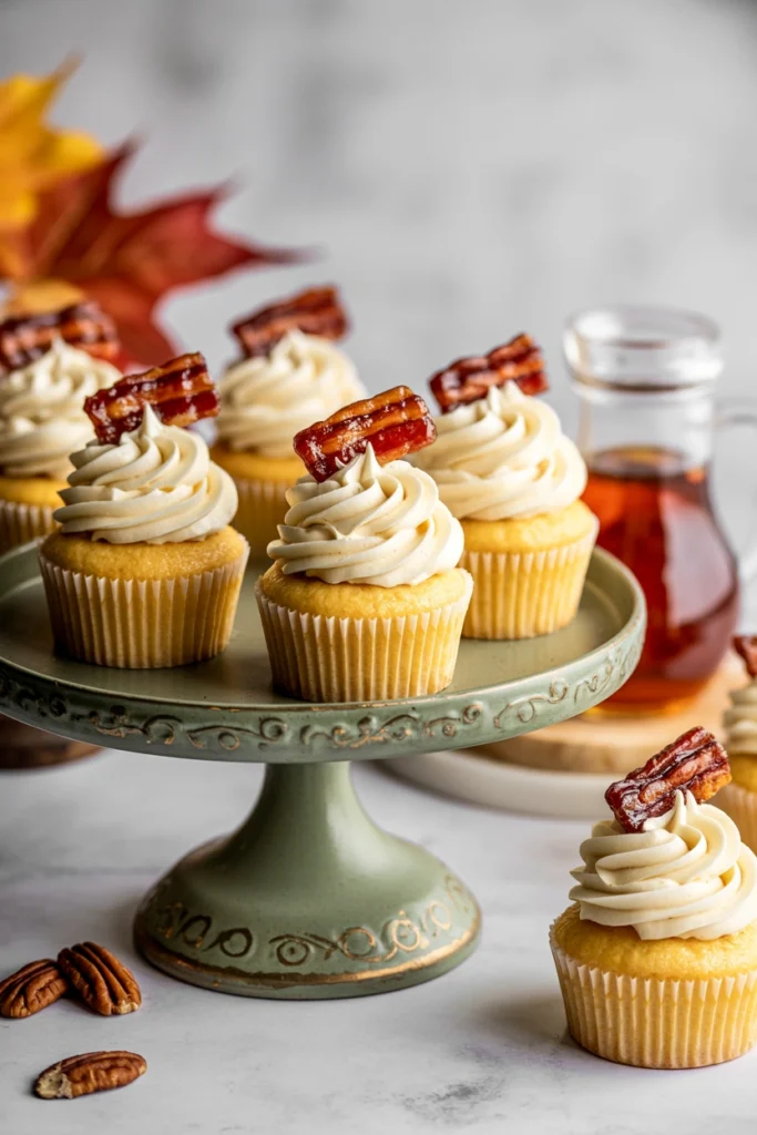 Maple bacon cupcakes topped with maple buttercream and candied bacon