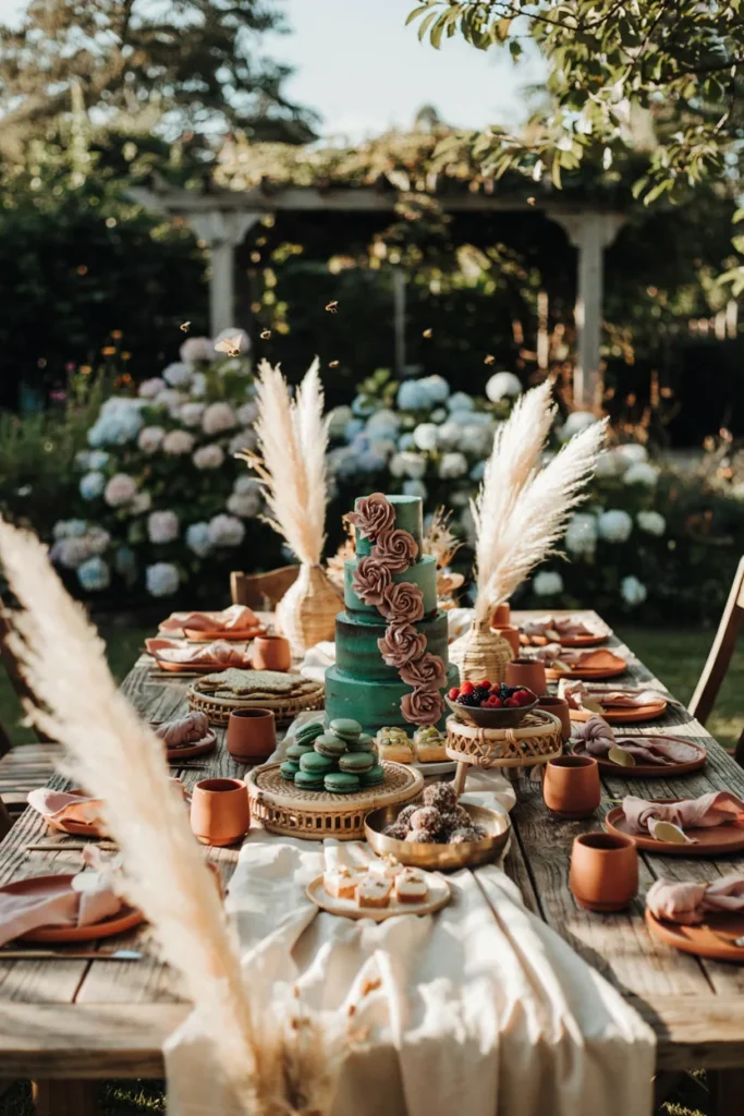 Outdoor garden party table, emerald desserts with terracotta and dusty pink accents, pampas grass, rattan trays