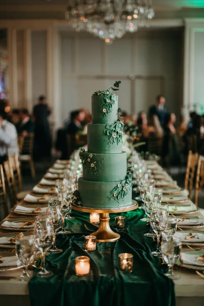 Tall tiered emerald cake stands in a ballroom setting, gold flatware, deep green velvet table runner, soft uplighting