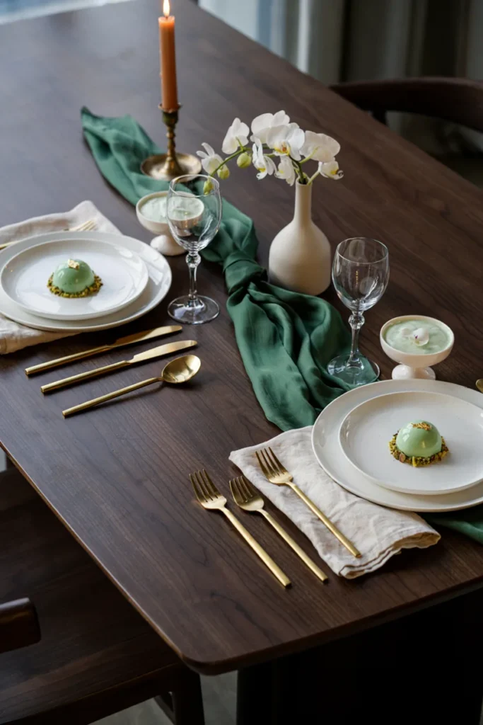Small, elegant dessert table for two, emerald and ivory desserts, silk ribbon, white orchids, gold flatware
