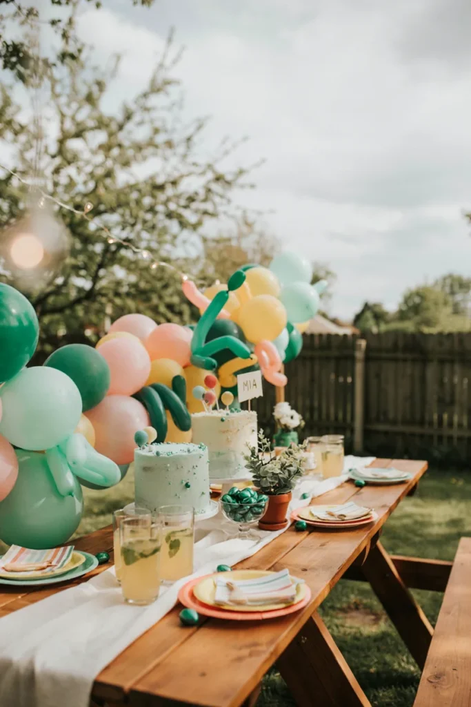 Playful kids' birthday table, glossy emerald candies, balloon garland, colorful pops of accent color