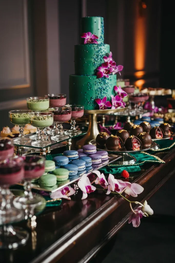 Rich, layered dessert table mixing emerald with sapphire and amethyst tones, metallic sheens, orchids