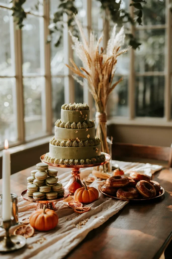 Autumn dessert table with emerald desserts, copper stands, dried wheat stalks, burnt orange accents
