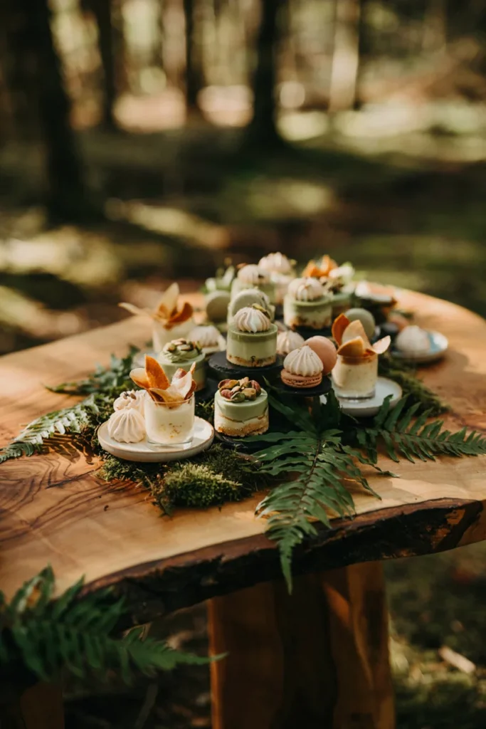 Rustic wood slab table, emerald and cream desserts, fresh fern fronds and moss accents
