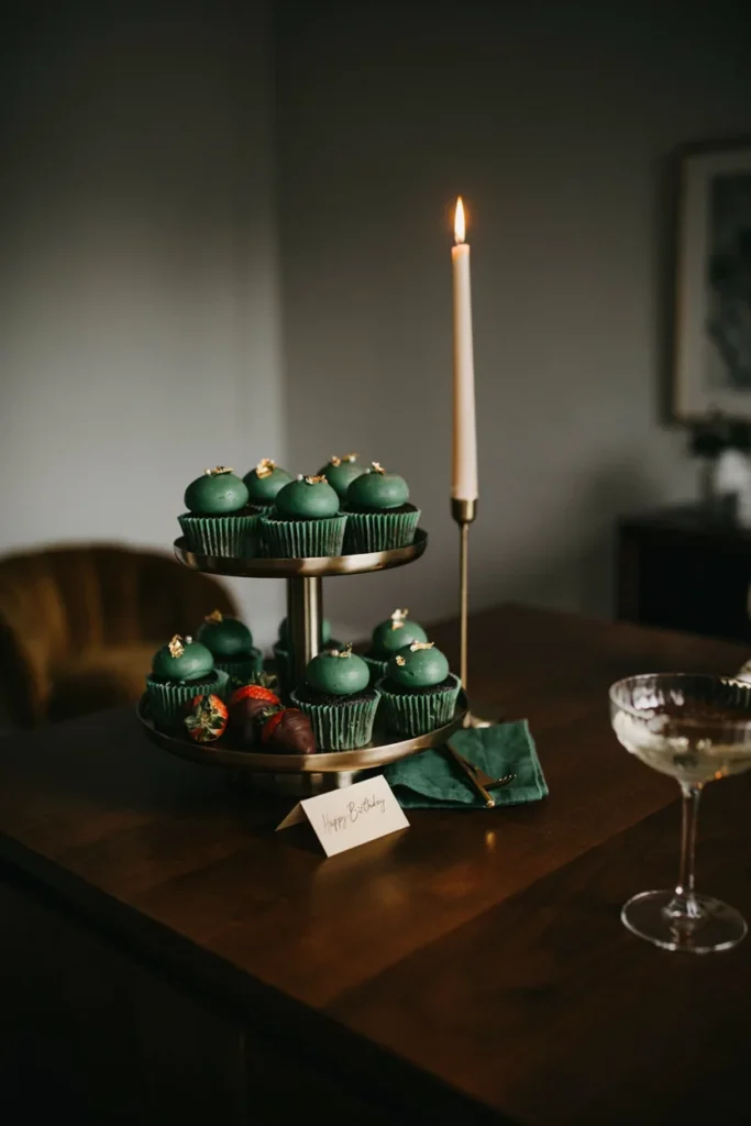Moody, low-lit birthday dessert bar with matte emerald cupcakes, brass stands, dark wood surface