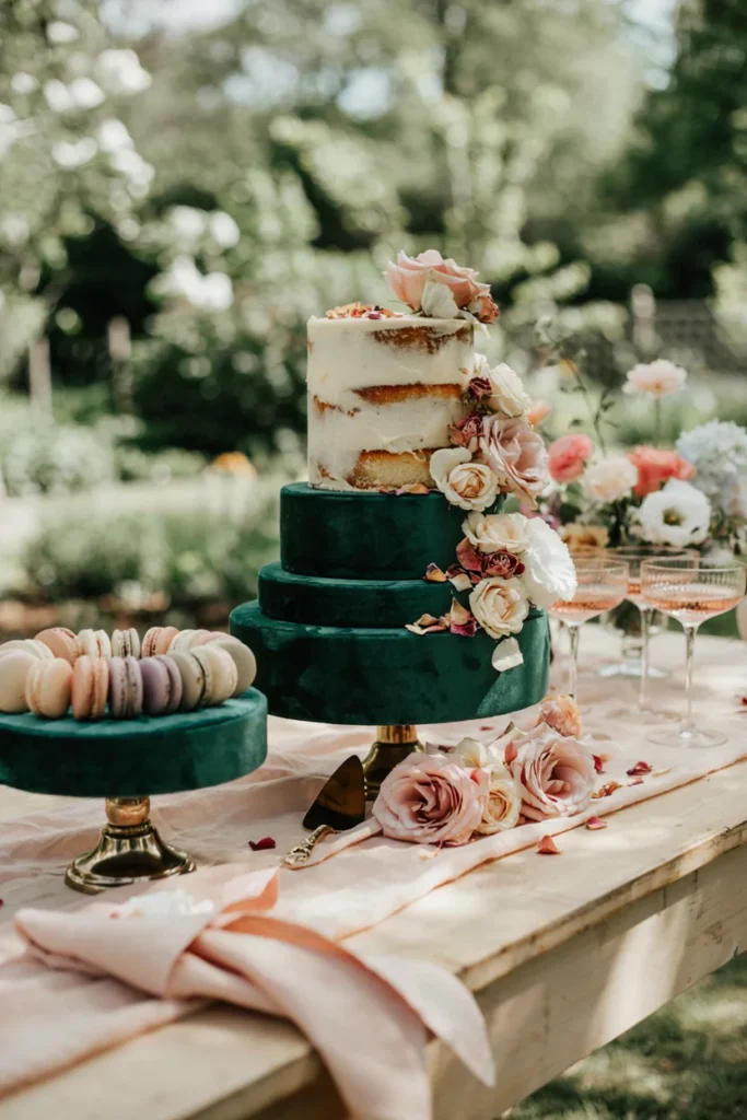 Soft blush linens with emerald velvet cake stands, garden roses in blush and cream, macarons in a soft ombré