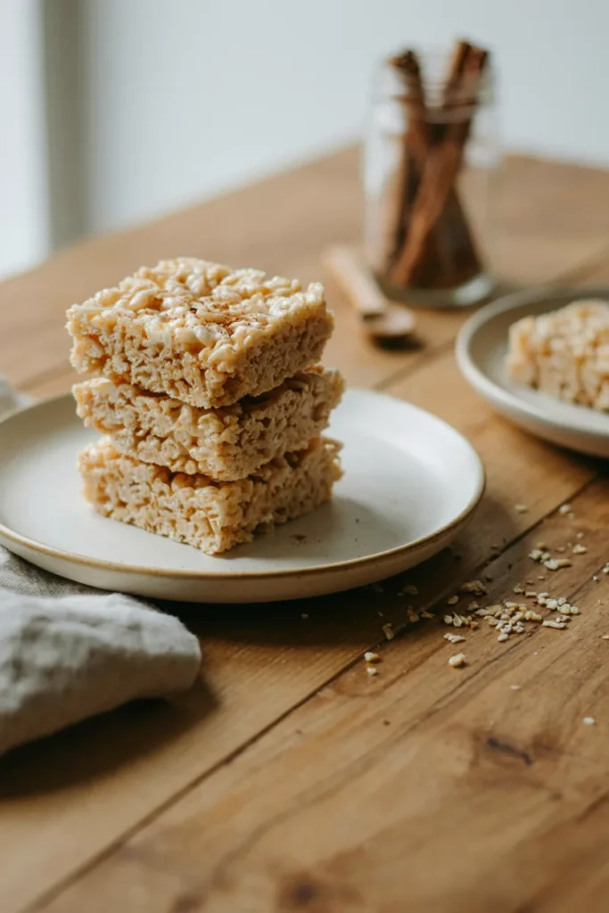 Golden gluten-free chai-spiced rice krispie treats stacked on a plate