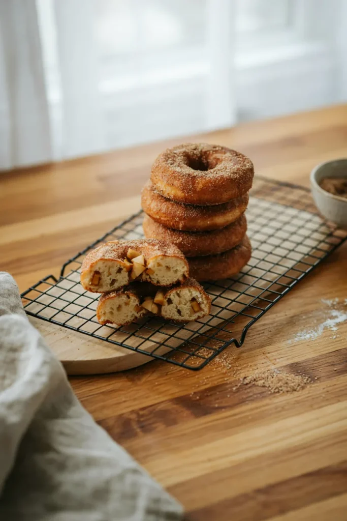Gluten-free apple cider donuts rolled in cinnamon sugar stacked on a cooling rack