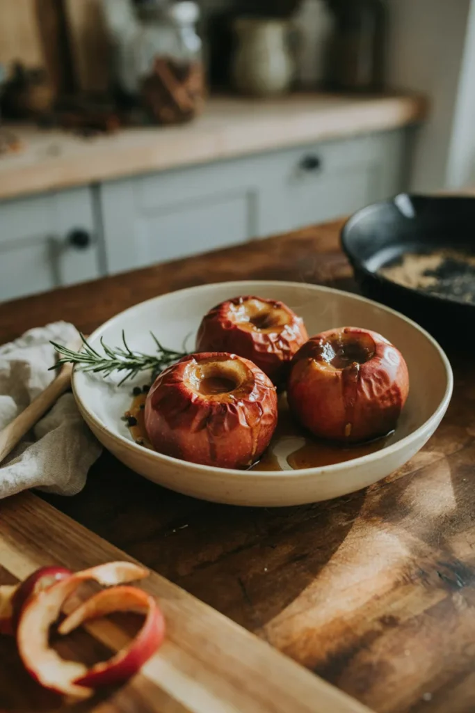 Whole baked cinnamon apples stuffed with brown sugar filling in a shallow bowl of baking juices