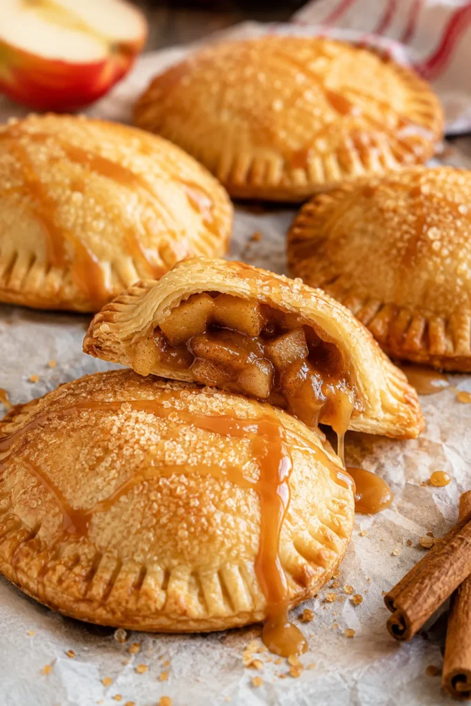 Golden gluten-free caramel apple hand pies with one cut open showing spiced apple filling and caramel drizzle