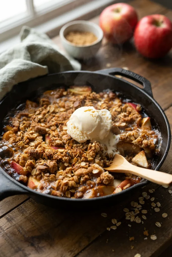 Bubbling gluten-free apple crisp in a cast iron skillet topped with a scoop of vanilla ice cream