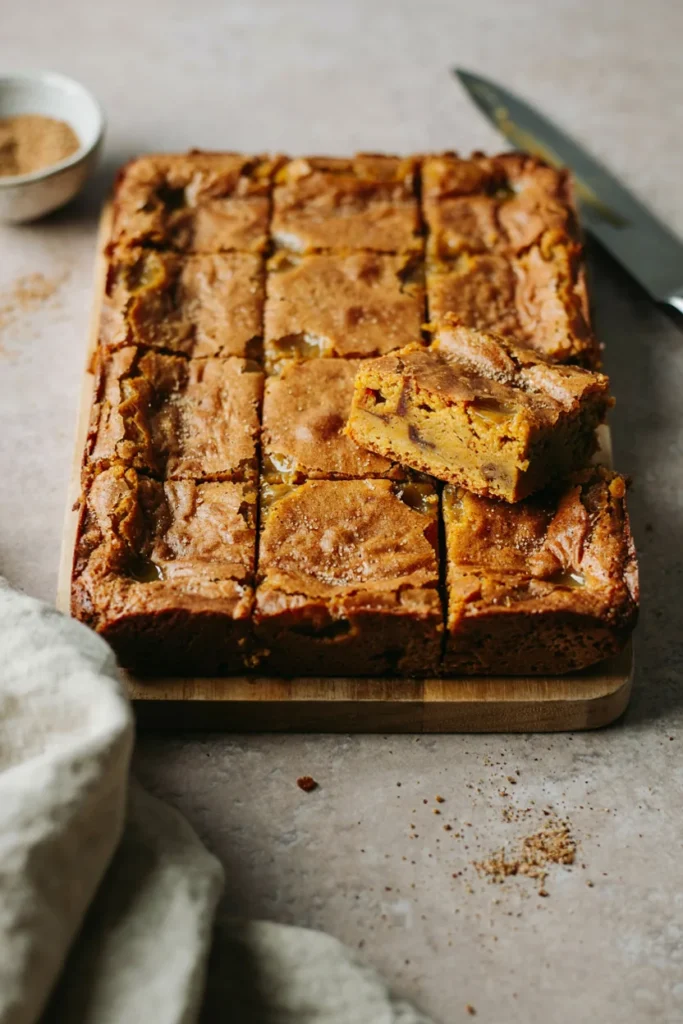 Squares of fudgy gluten-free pumpkin spice blondies dusted with cinnamon sugar