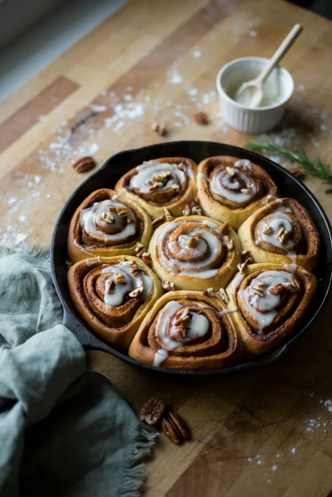 Pan of glazed gluten-free pumpkin cinnamon rolls with cream cheese icing dripping down the sides