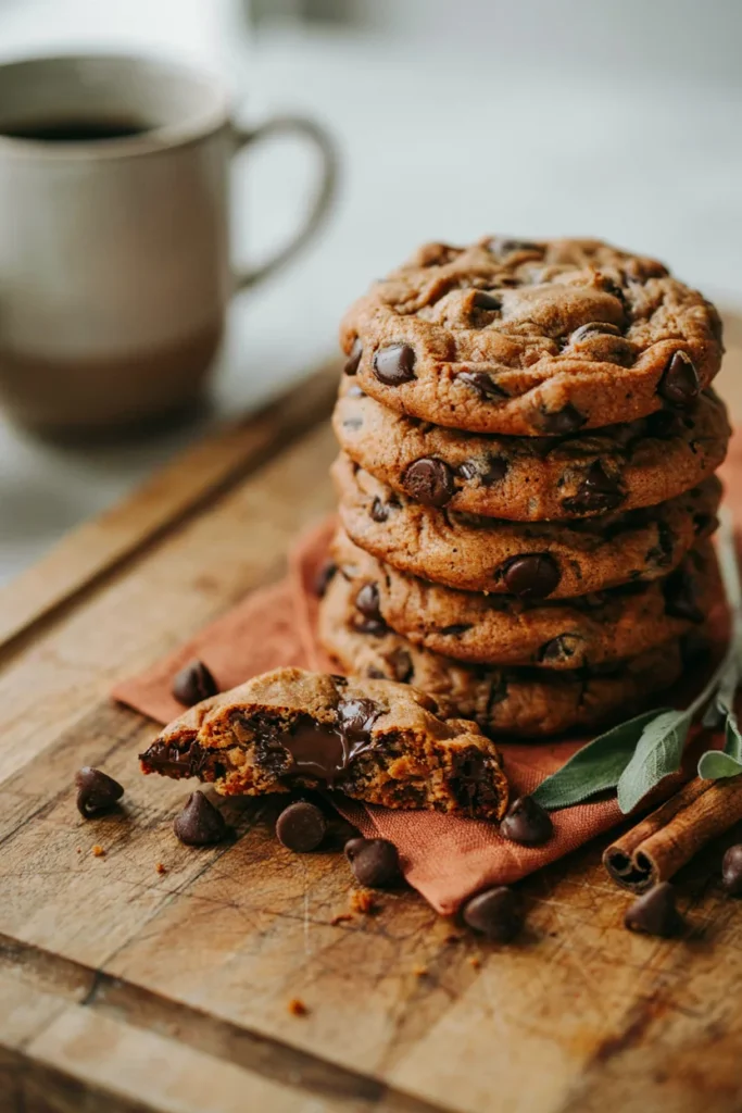 Stack of thick gluten-free pumpkin chocolate chip cookies with one broken in half showing a soft interior