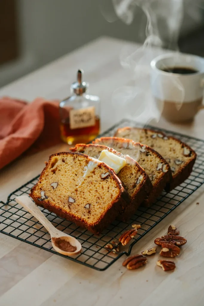 Sliced gluten-free pumpkin bread on a wire cooling rack with butter melting on the top slice
