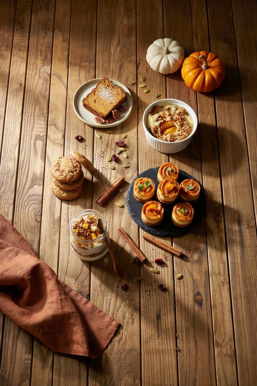 An overhead flat-lay of five fall desserts arranged on a rustic wood table — a slice of pumpkin bread, apple crisp in a ramekin, a stack of pumpkin cookies, mini cheesecake bites, and a jar of pumpkin spice parfait — scattered with cinnamon sticks and mini pumpkins. Warm, golden natural light.