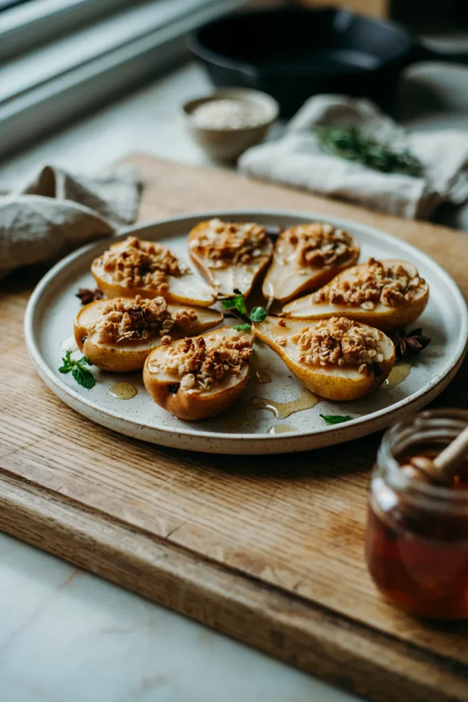 Halved baked pears filled with buttery oat crumble and drizzled with honey