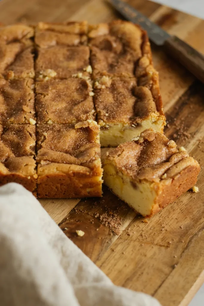 Squares of gluten-free snickerdoodle blondies with a crackled cinnamon-sugar top