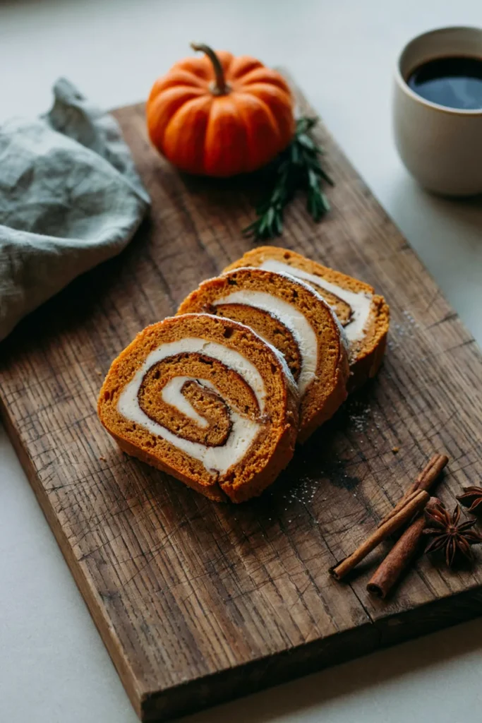 Sliced gluten-free pumpkin roll with cream cheese filling dusted with powdered sugar