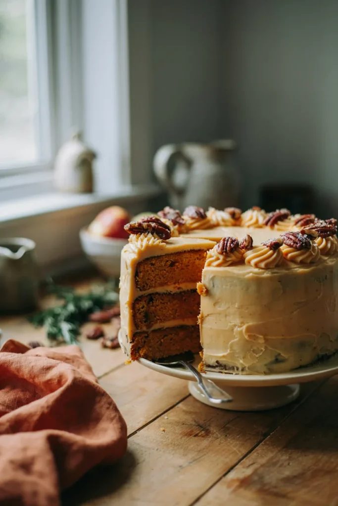 Three-layer gluten-free maple pumpkin cake with cream cheese frosting and candied pecans