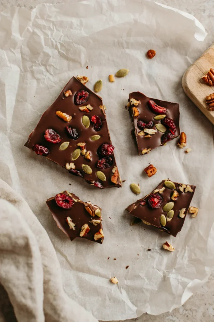 Broken sheet of gluten-free fall harvest trail mix bark with dried cranberries, pumpkin seeds, and pecans