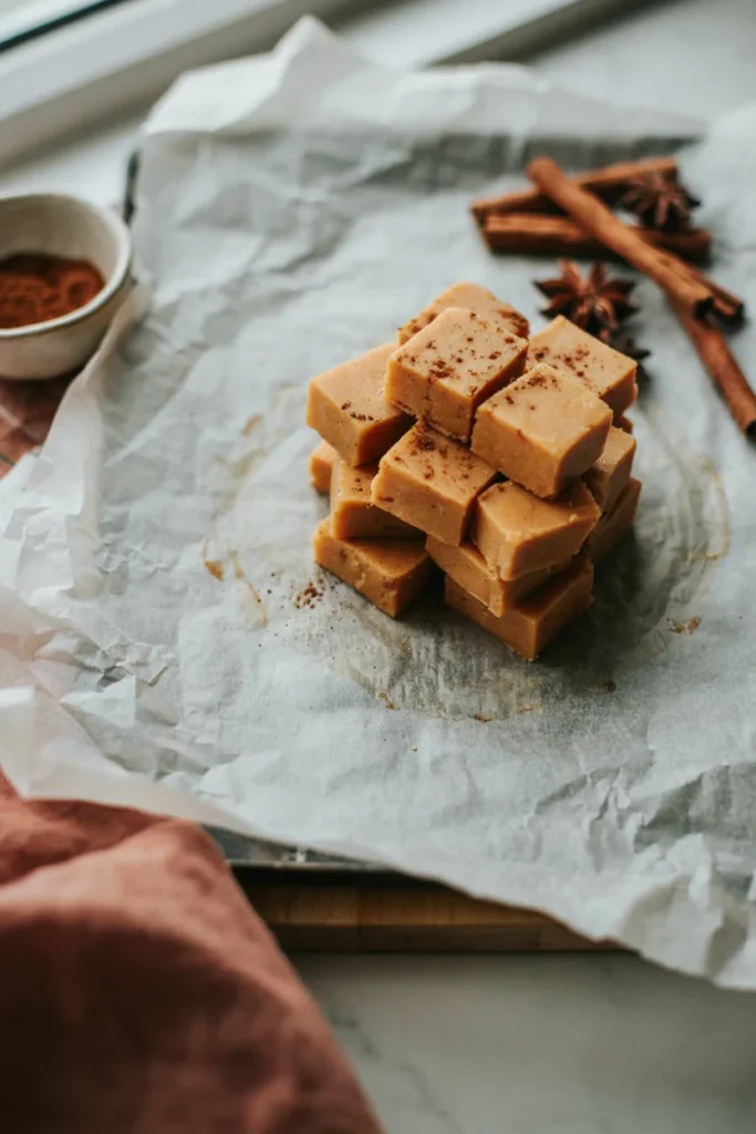 Squares of creamy gluten-free pumpkin fudge stacked on parchment paper