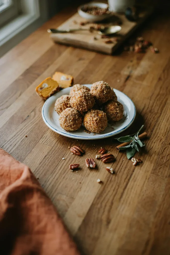 No-bake gluten-free pumpkin cheesecake bites rolled in crushed pecans on a platter