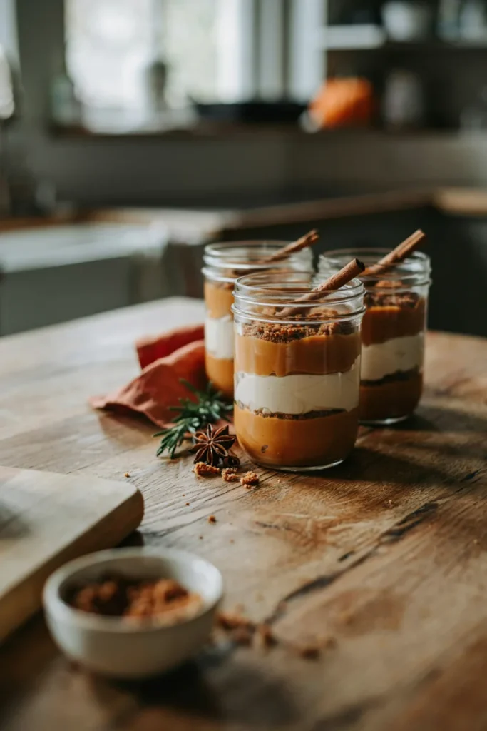 Layered gluten-free pumpkin spice parfait cups in glass jars topped with a cinnamon stick