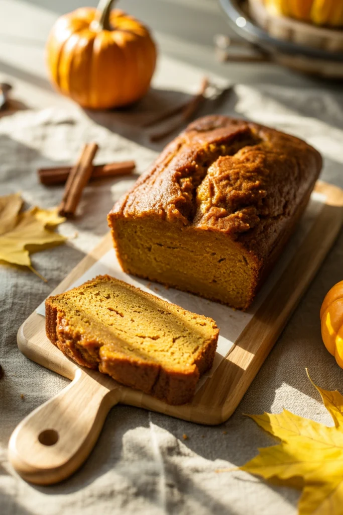 Sliced pumpkin bread loaf on a cutting board