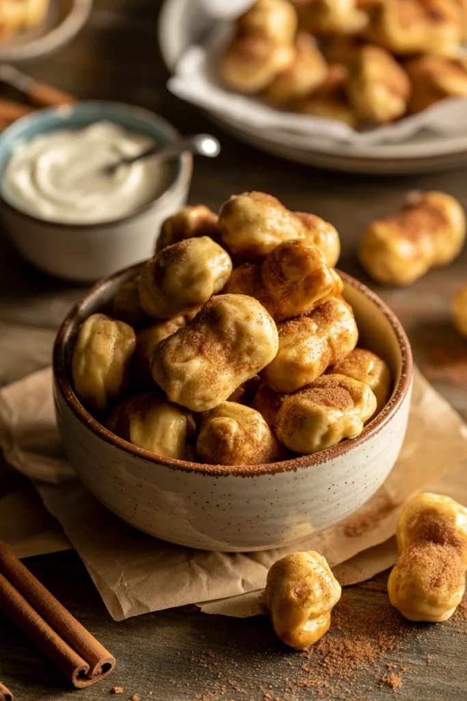 Bowl of cinnamon sugar pretzel bites with melted butter for dipping