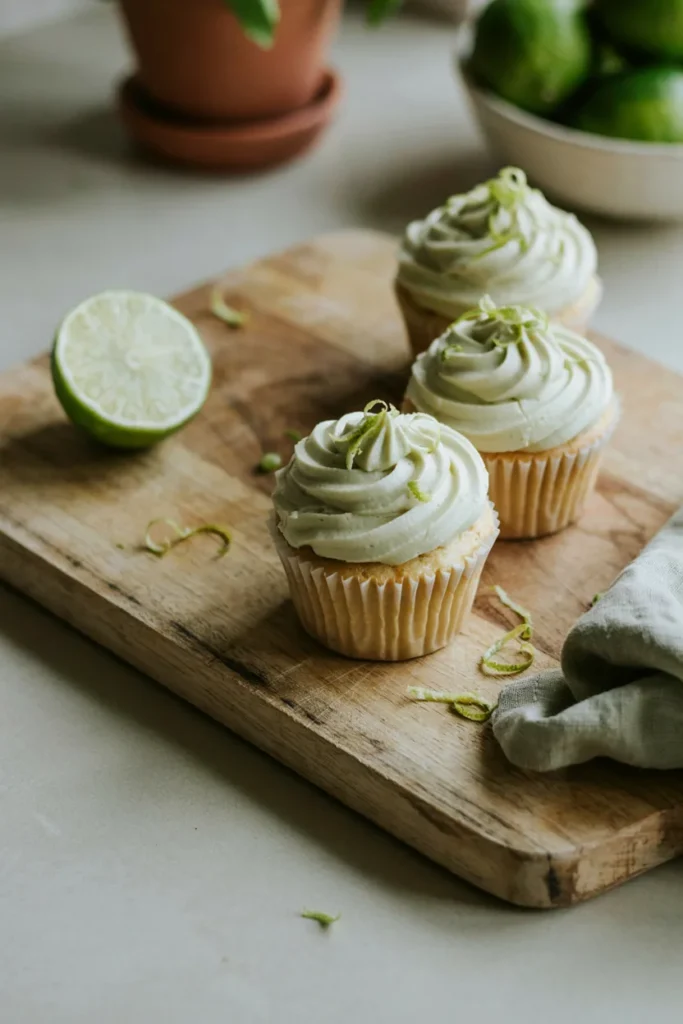 Avocado lime cupcakes with pale green frosting and lime zest