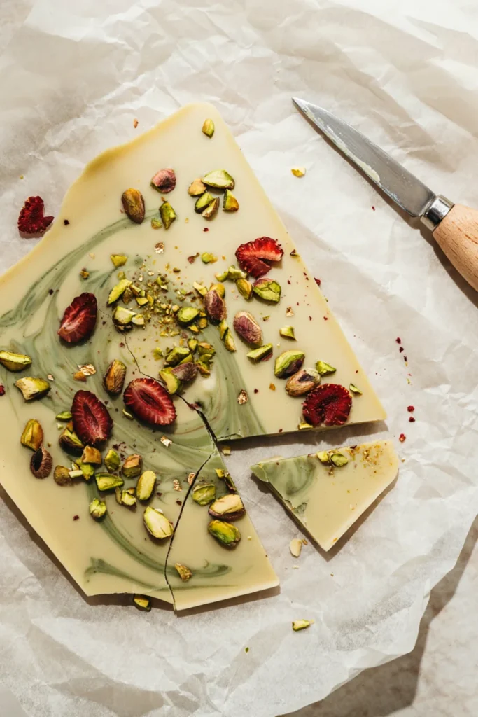 Matcha white chocolate bark topped with pistachios and dried strawberries