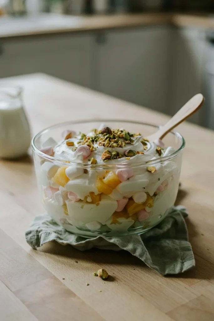 Pistachio pudding fluff dessert in a glass trifle bowl with whipped topping